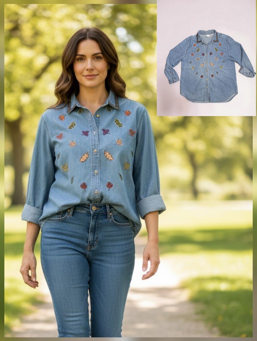 VTG Bobbie Brooks Denim Falls Leaves Embroidered Shirt Sz XL Teacher Cottagecore